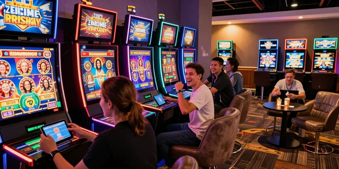 Players enjoying new online casinos in a lively gaming environment with smartphone games and vibrant lights.