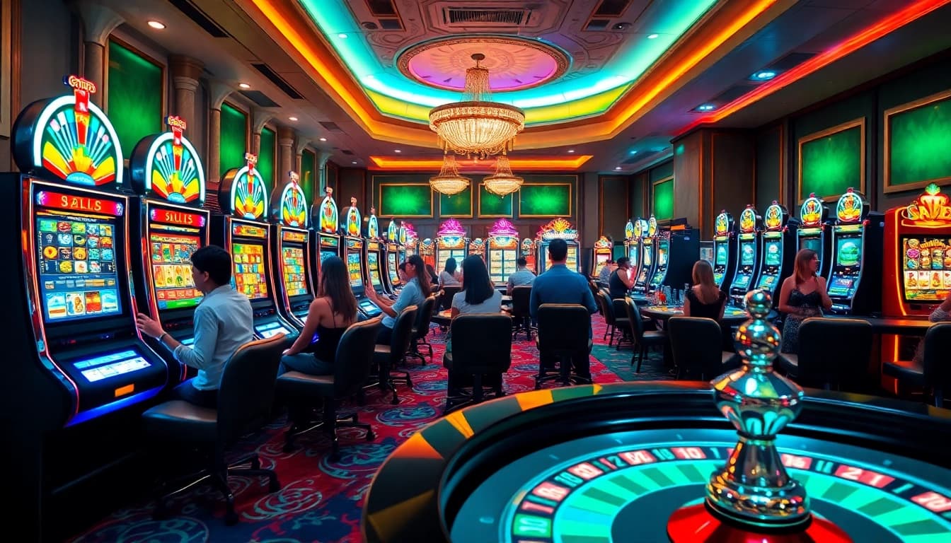 Excited players engaging with vibrant slot machines in a luxurious casino setting.