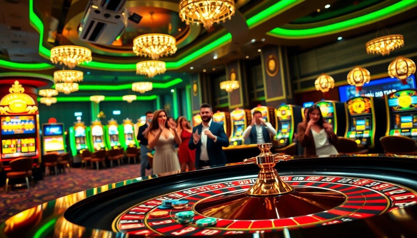Excitement at the RR88 casino as players engage with festive roulette and slots.