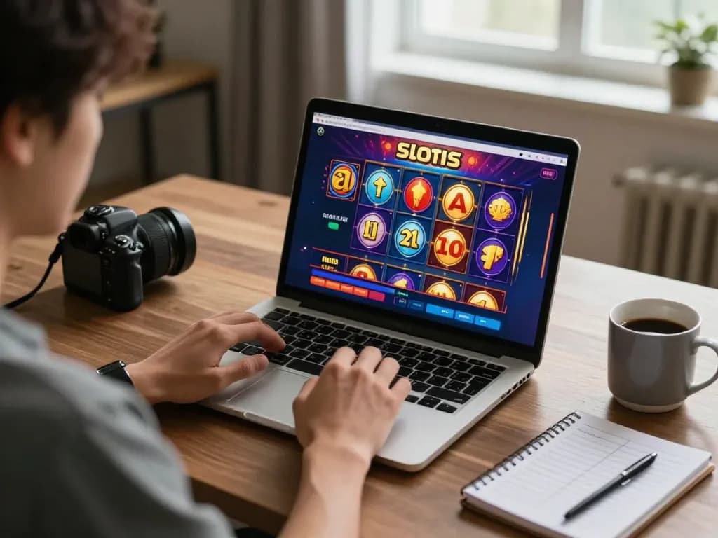 Engaging in situs slot gameplay on a laptop with colorful graphics and strategy notes