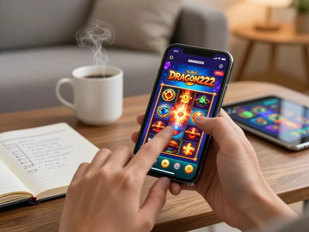 Engaging moment of a player using the DRAGON222 app for online slot gaming, showcasing dynamic game action and cozy home environment.