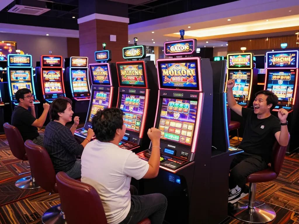 Excited players enjoying slot gacor hari ini in a vibrant casino atmosphere with colorful lights and cheers.
