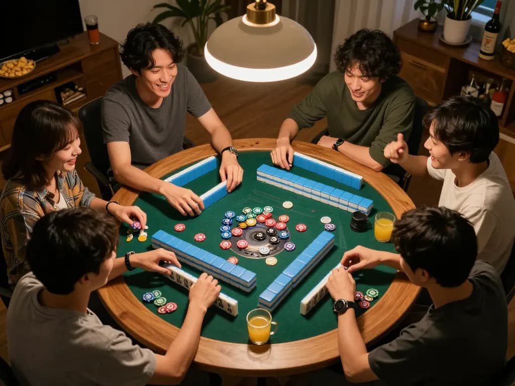 Players enjoying slot mahjong game night with vibrant chips and snacks in a cozy home.