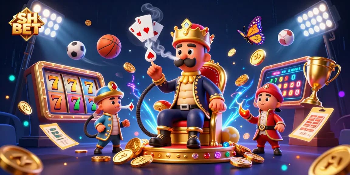 Experience winning thrills with SH BET as a colorful, dynamic 3D casino illustration showcases vibrant gaming action.
