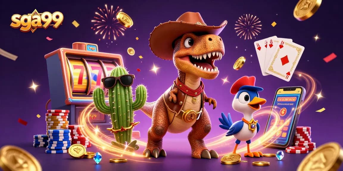 Spin to win with sga99 in this vibrant, action-packed casino scene featuring a cowboy dinosaur.
