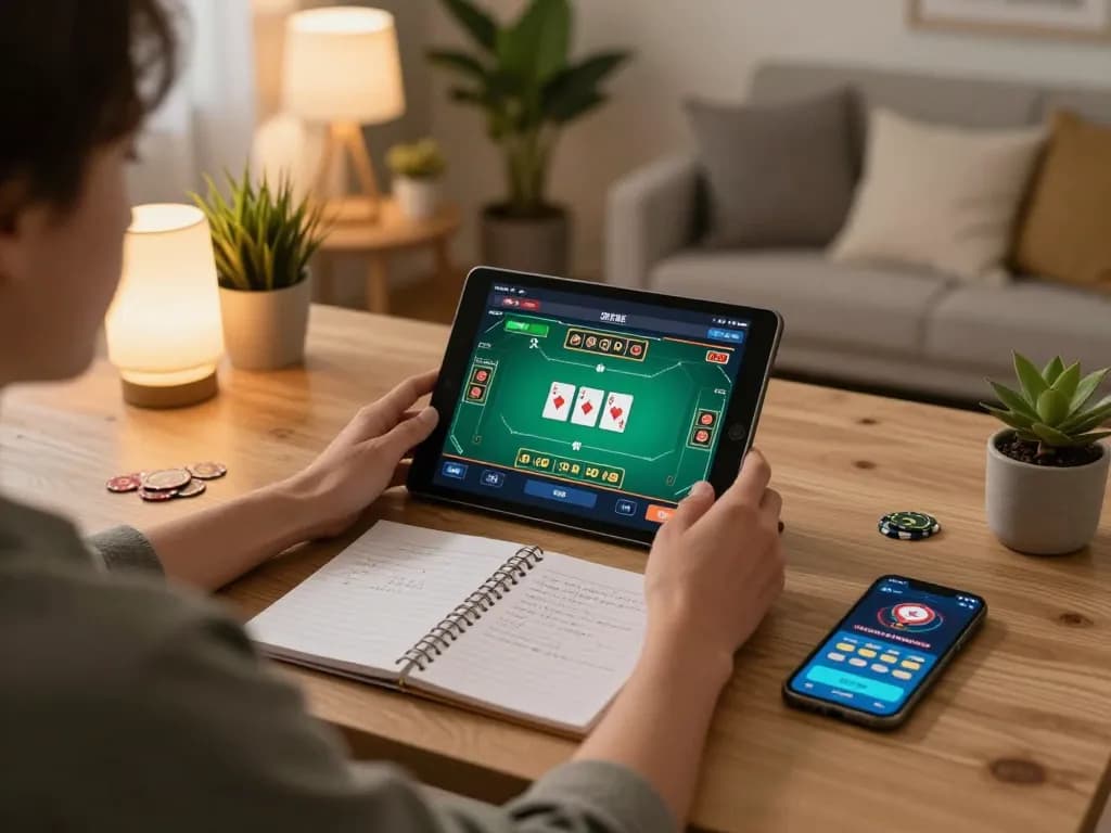 Engaging in online poker gaming on 68win with strategic notes and cozy home setup