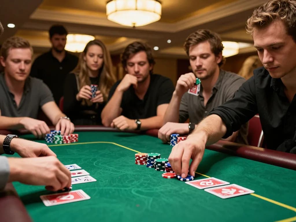 Players strategizing in a thrilling poker game at 789F, showcasing a colorful setup with chips and cards.