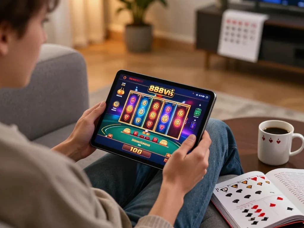 Person enjoying poker gameplay on 888vi casino app in a cozy home setting