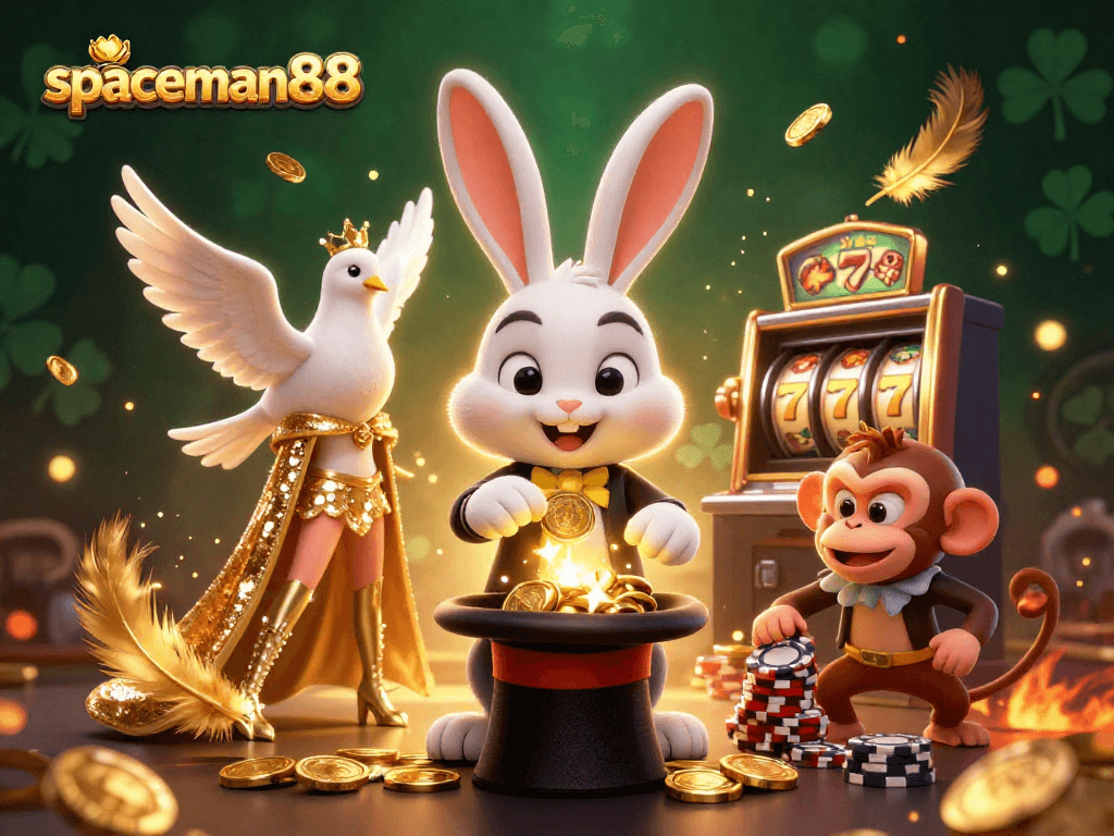 Experience the excitement of spaceman88 with a dazzling 3D scene of magical characters and slot machines.