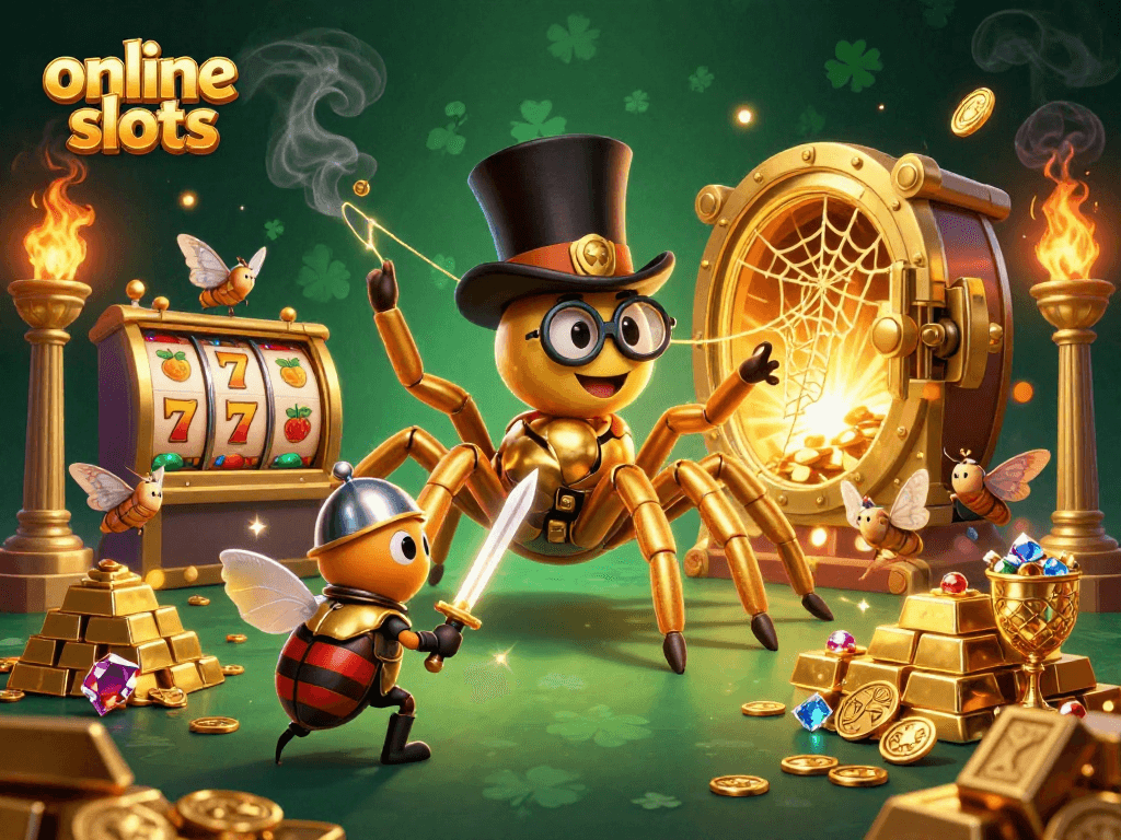 Engage with exciting online slots through a vivid illustration of a golden tarantula and beetle knight.