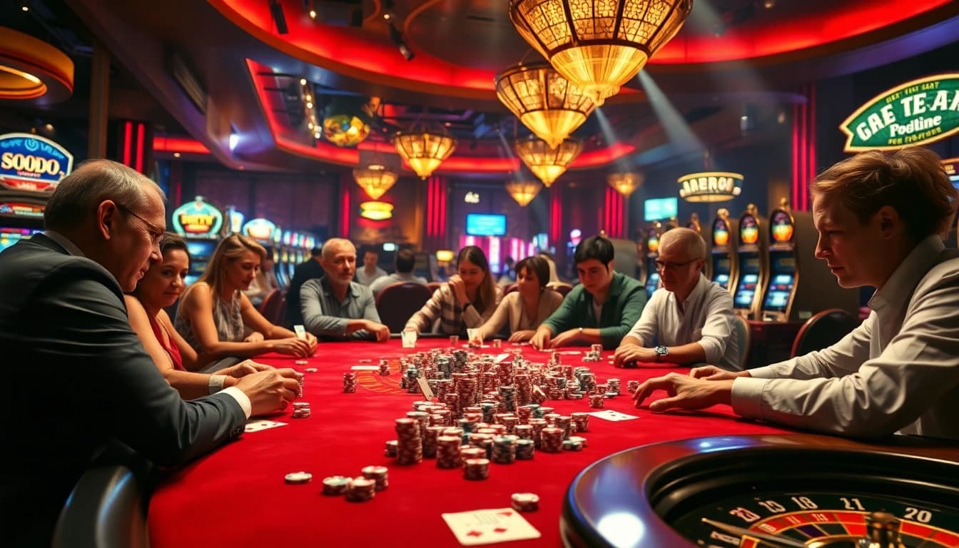 Engaging in thrilling SODO casino gameplay with vibrant tables, poker chips, and exciting casino lights.
