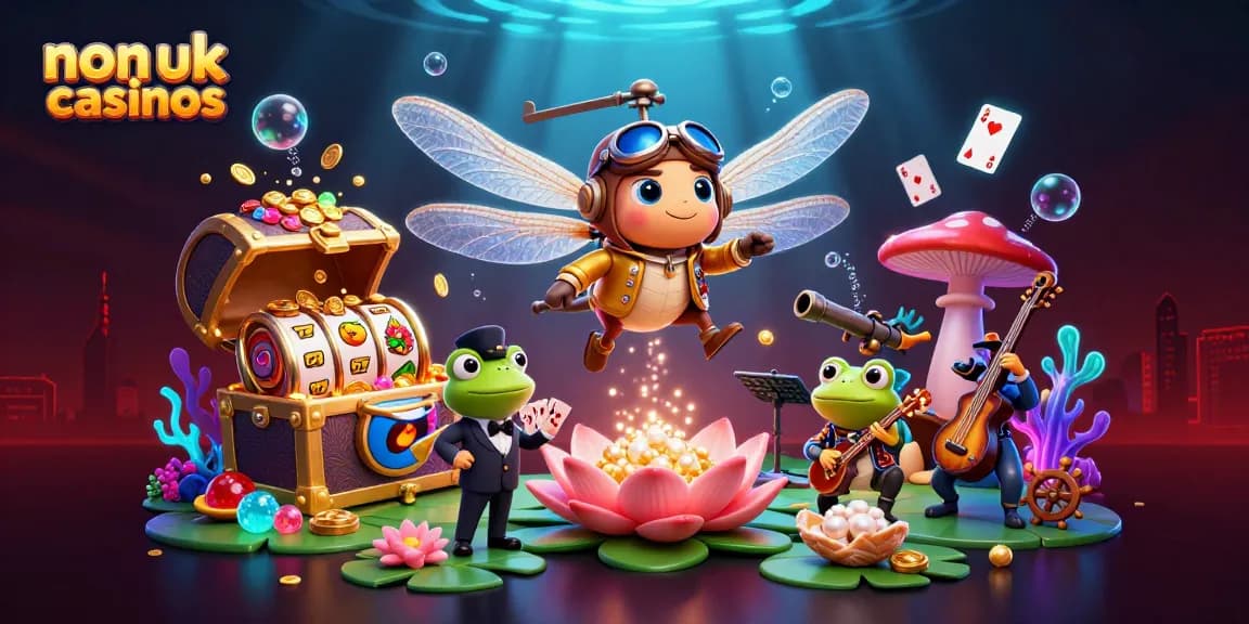 Engage with exciting non uk casinos featuring a vibrant scene of dragonfly pilots and frog croupiers.