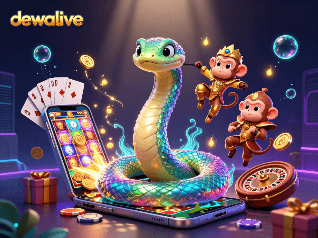 Dewalive menghadirkan permainan slot dengan simbol berkilau, dikelilingi karakter menarik dalam ilustrasi fantastik.