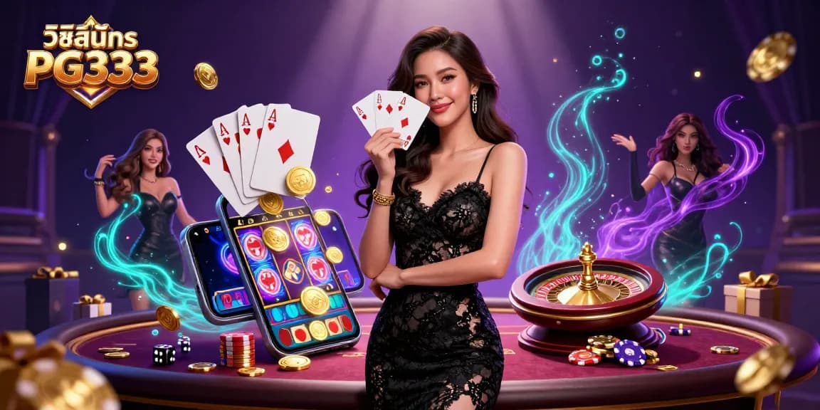 Experience วิธีสมัคร PG333 with an elegant Asian woman showcasing casino elements in a vibrant 3D illustration.