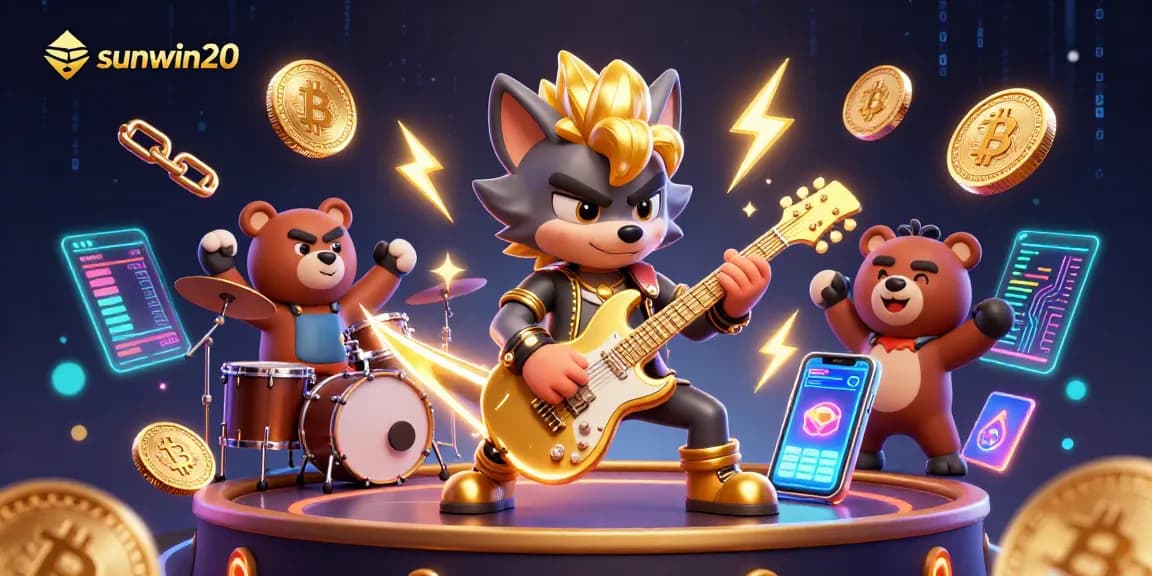 Experience the excitement of sunwin20 with a vibrant 3D illustration featuring a rock star wolf and a drummer bear on a casino stage.