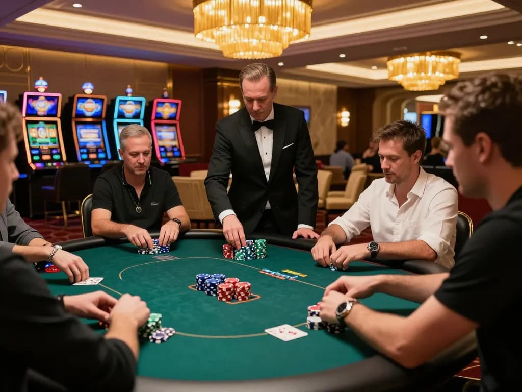 Players strategizing a poker game at SC88 casino with vibrant chips and engaging atmosphere.