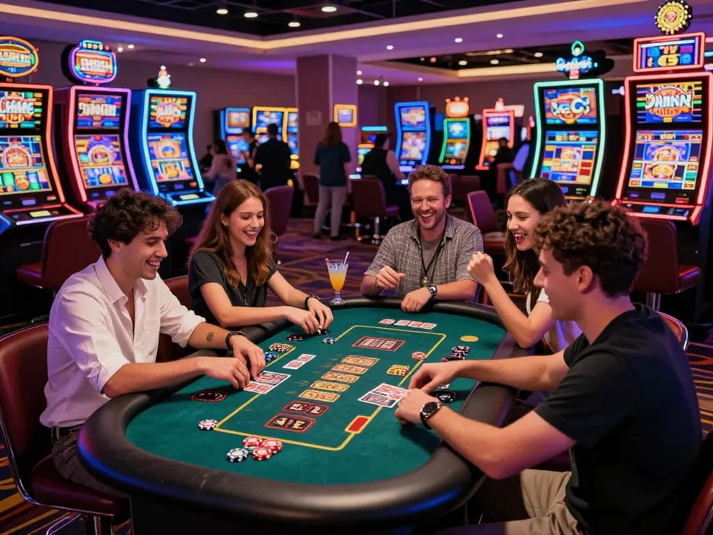 Exciting casino gaming scene at https://rr99.it.com/ with friends enjoying diverse games amidst vibrant lights.