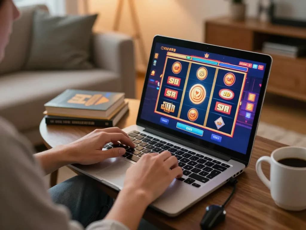 Engaged player enjoying link slot gacor experience on a laptop in a cozy home setting.