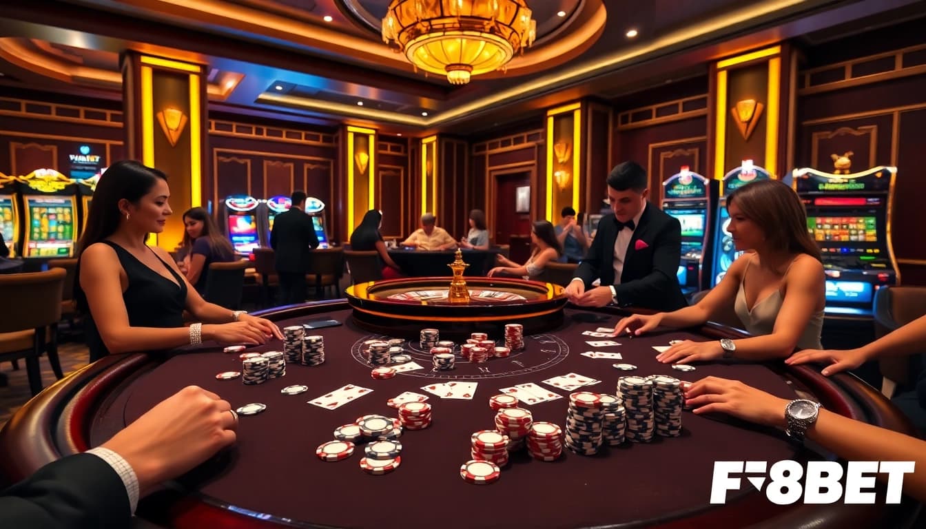 Experience the thrill of F8BET with an elegant poker table in a luxurious casino setting.