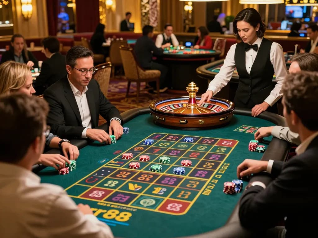 Players engaging at a roulette table with high stakes at rr88, dynamic gaming atmosphere full of excitement.