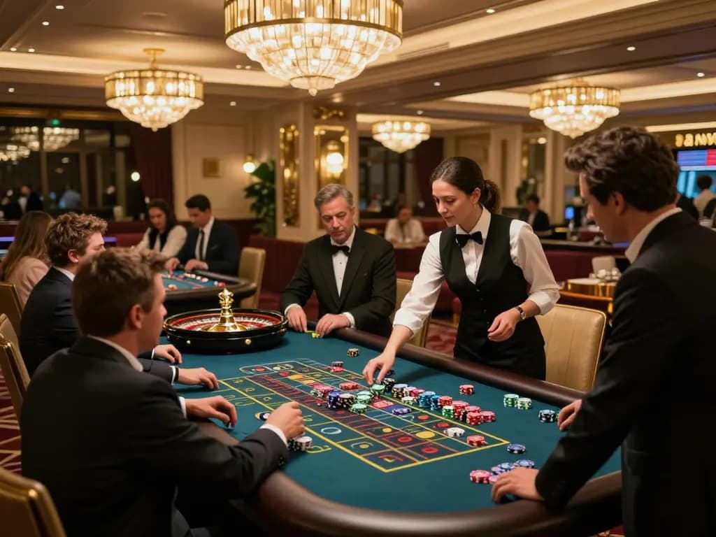 Casino roulette table with players placing bets in an upscale environment