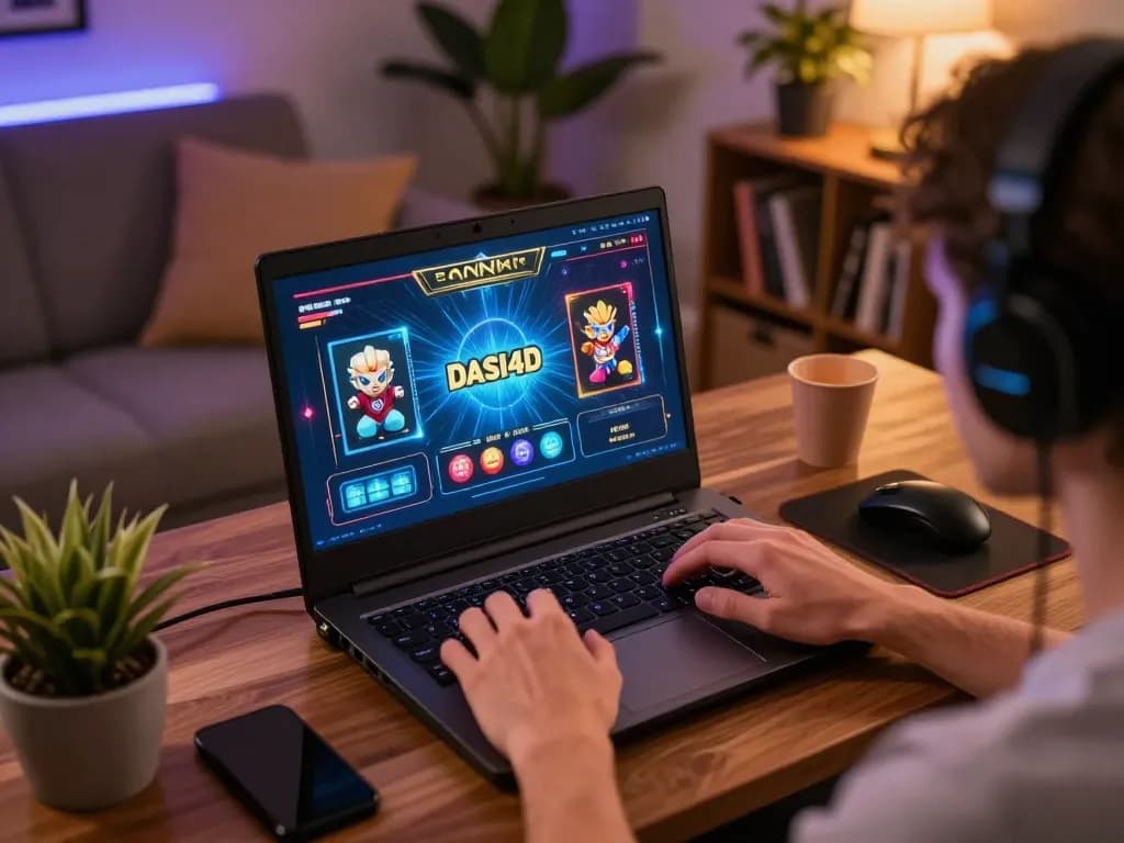 Login DASI4D di layar laptop menampilkan aksi permainan slot online di setup rumah yang nyaman.