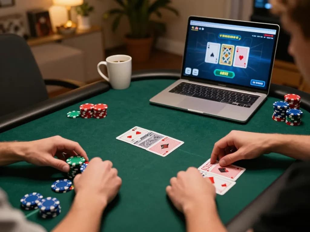 Engaged player strategizing during five88 online poker game, chips stacked, laptop screen showing virtual cards.