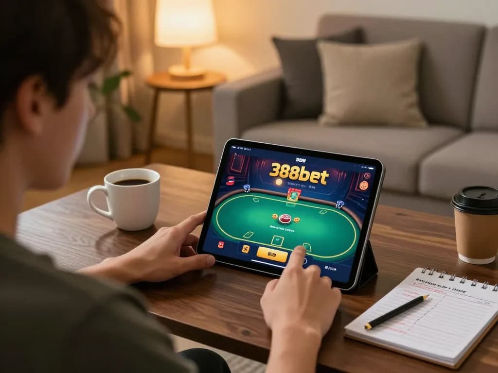 Player engaging with 388bet app on tablet for strategic poker gameplay, cozy home setting.