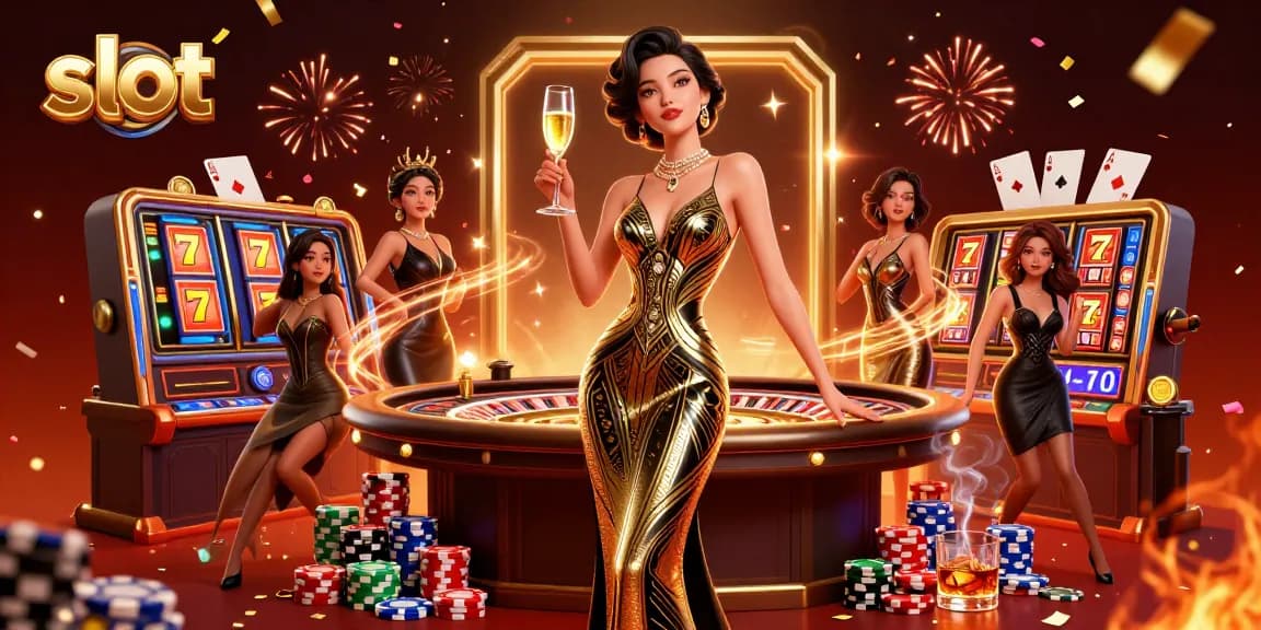 Engaging scene of slot gaming with a sophisticated woman and vibrant slot elements.