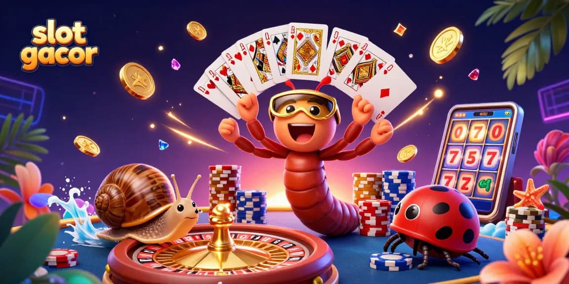 Raih kemenangan di slot gacor dengan ilustrasi kreatif dealer kartun dan suasana kasino yang meriah.