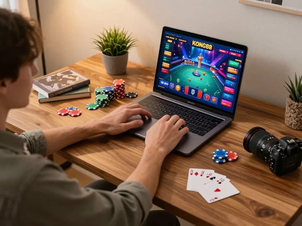 KONG88 gaming enthusiast engaging in online poker with vibrant interface at home