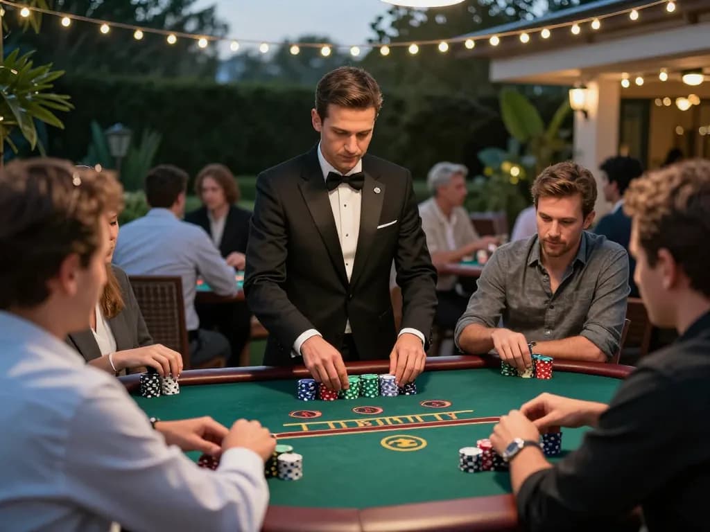 Experience the excitement of F8BET blackjack on a serene outdoor terrace, engaging gameplay and social interactions.