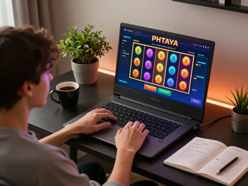 PHTAYA player enjoying a thrilling online casino experience on laptop during an engaging gaming session.