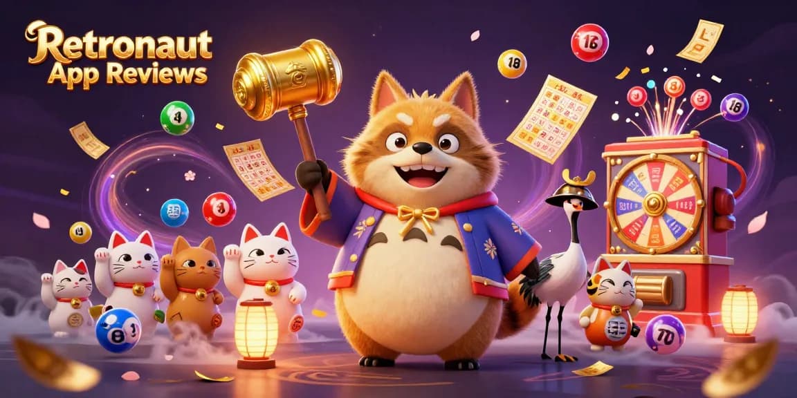 Engage with the energetic atmosphere in the Retronaut App Reviews gaming scene featuring dynamic elements of lottery and casino fun.