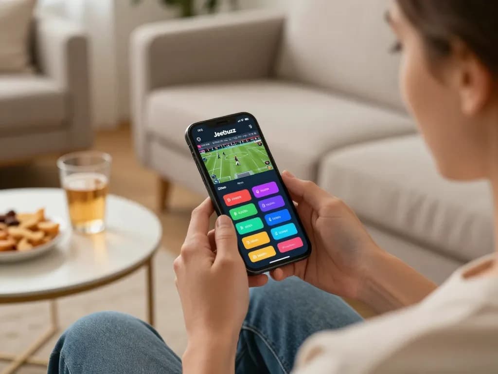 Engaging user exploring the Jeetbuzz App on their smartphone while enjoying a cozy gaming experience at home.
