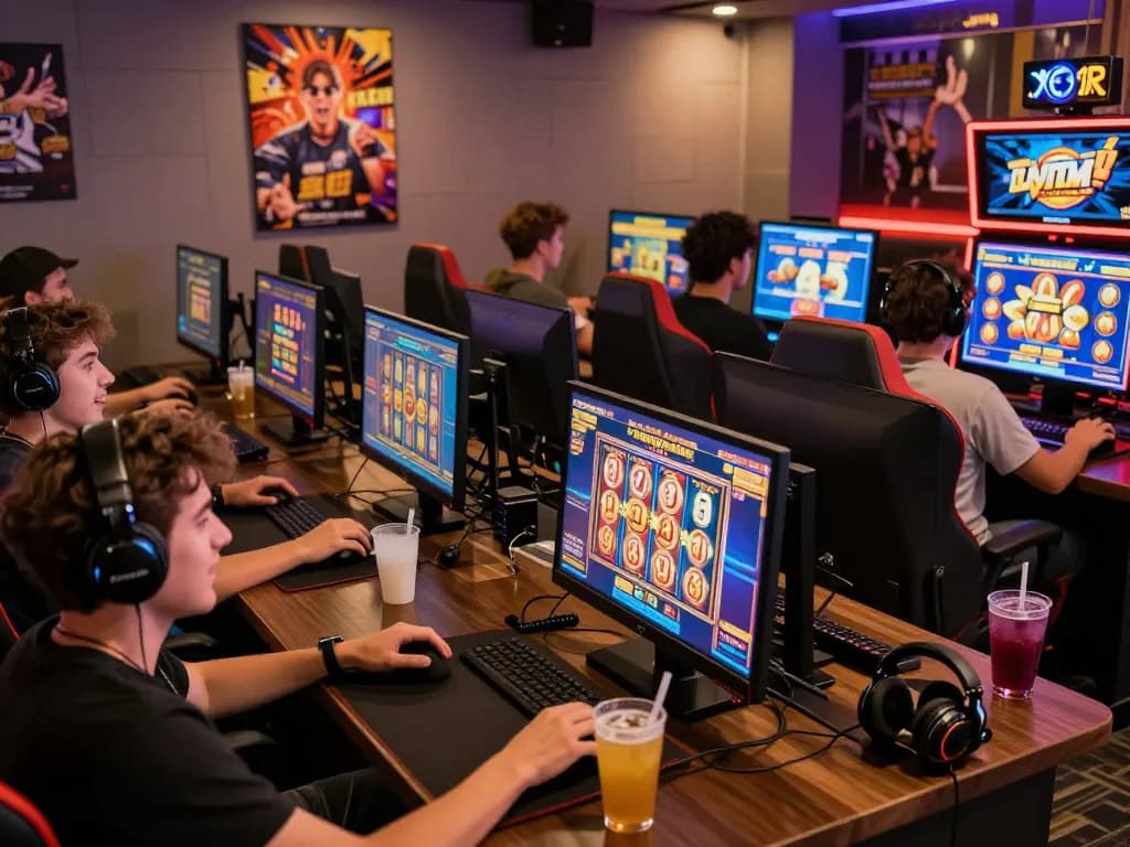 Pemain bersemangat menikmati permainan slot gampang menang di suasana lounge permainan yang hidup.