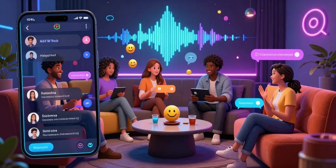 Engaging NSFW chat experience through vibrant avatars in a virtual lounge.