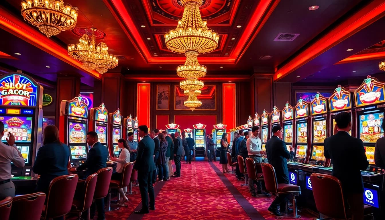 Players enjoying wins at vibrant slot gacor machines in a luxurious casino.