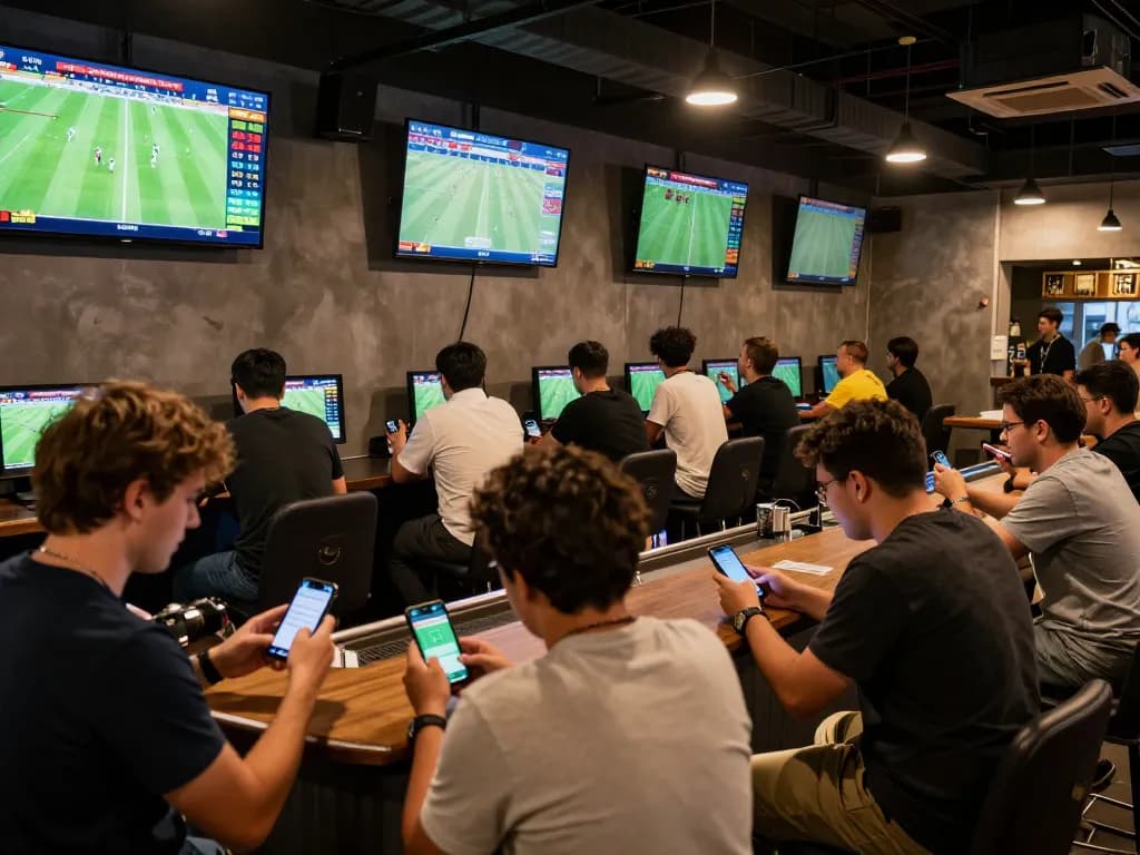 Betting enthusiasts engage actively in sports at a modern lounge showing kèo nhà cái 5 and live odds
