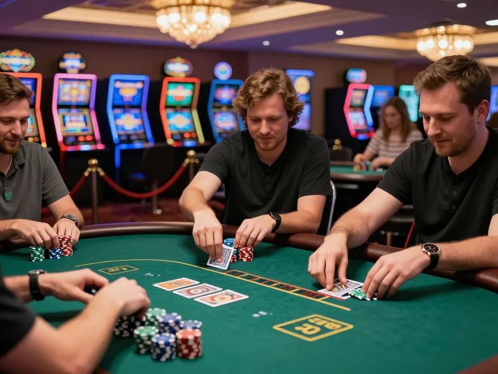 Pemain yang terlibat dalam aksi poker dengan taruhan tinggi di kasino aman788, menampilkan persaingan yang hidup.