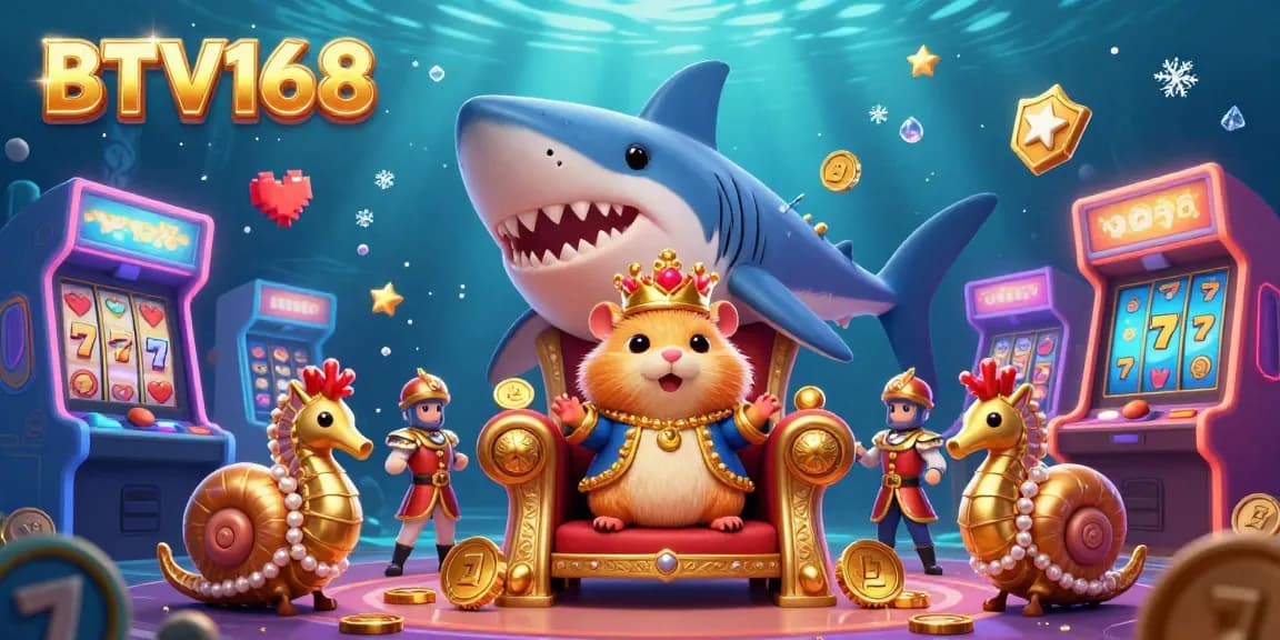 Engage with BTV168 at this vibrant casino scene featuring a golden hamster king amidst colorful game elements.