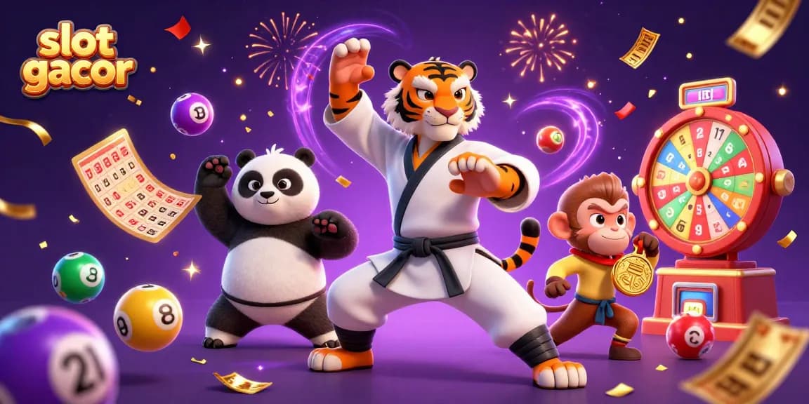 Slot gacor dengan karakter menarik dan elemen permainan kasino yang dikelilingi keceriaan.