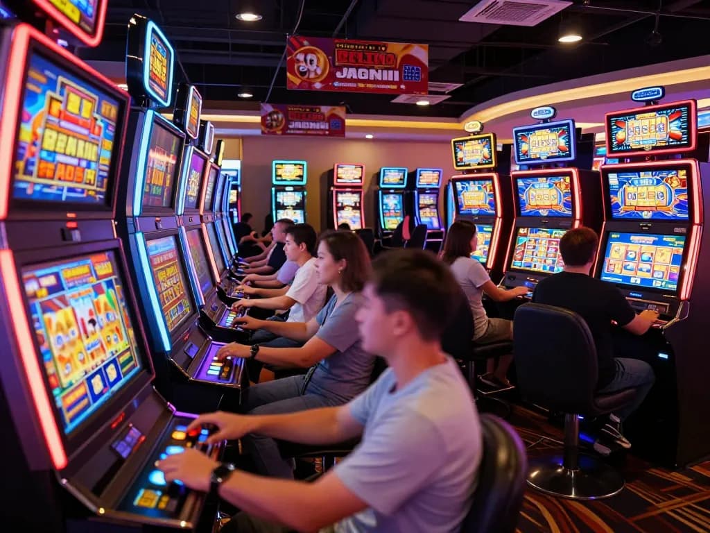 Pemain berinteraksi dengan mesin slot tokyo88, merayakan kemenangan dalam suasana kasino yang meriah.