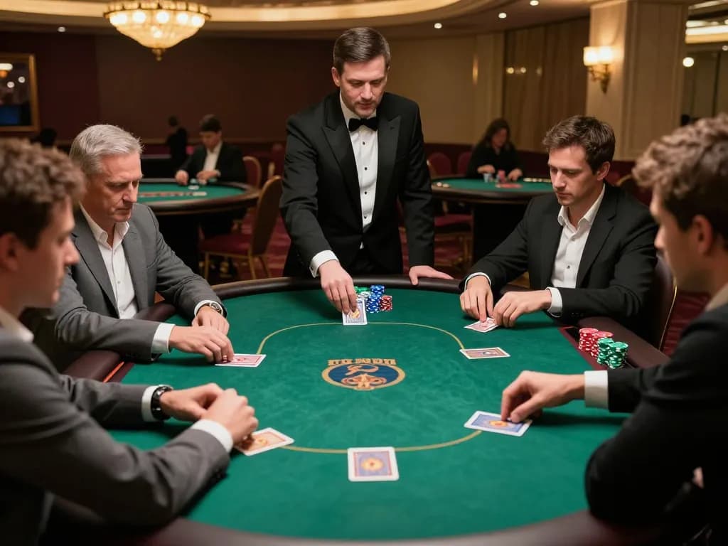 Players engaged in a competitive poker game at maxpoker88 casino, showcasing strategic betting and dealer interaction.
