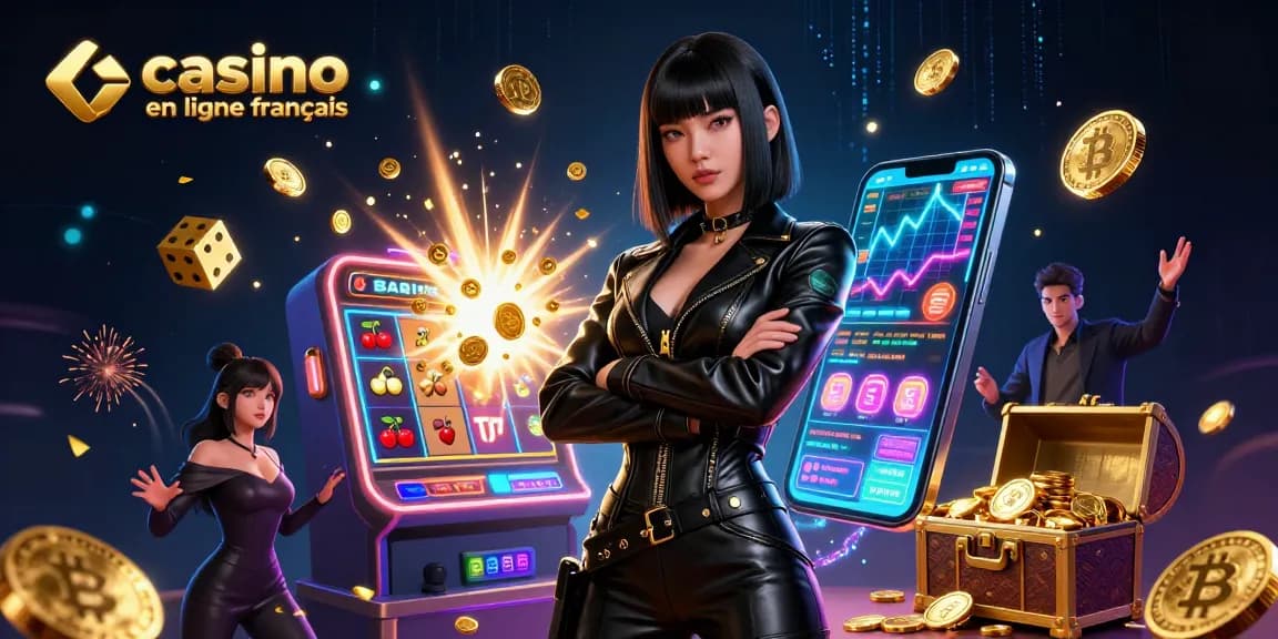 Vivez le frisson du casino en ligne français avec une femme asiatique éblouissante et des éléments de jackpot dans une scène futuriste.