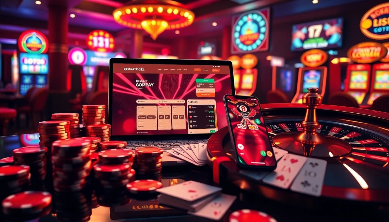 GOPAYTOGEL platform showcasing instant deposit and fast payout digital gambling transactions with poker chips and roulette