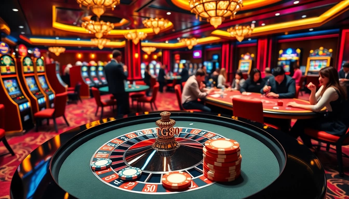 Engage with an exciting TG88 casino scene featuring roulette, poker, and vibrant slot machines.