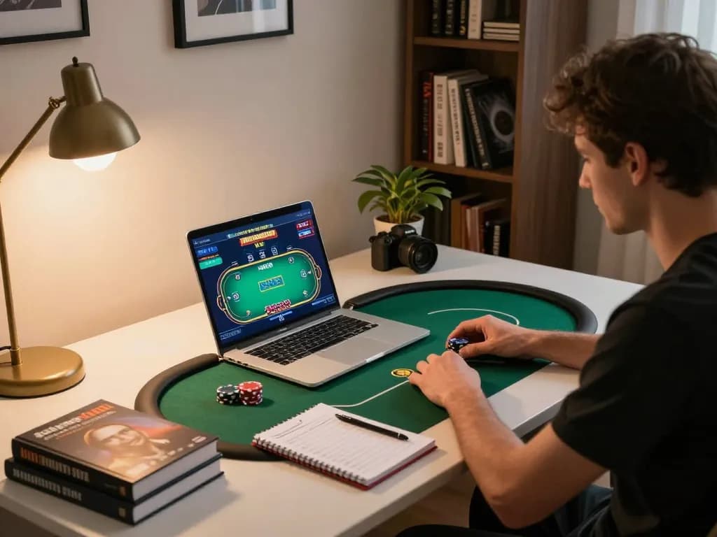 Player engaged in intense poker on laptop showcasing du88 gambling strategies and gameplay insights.
