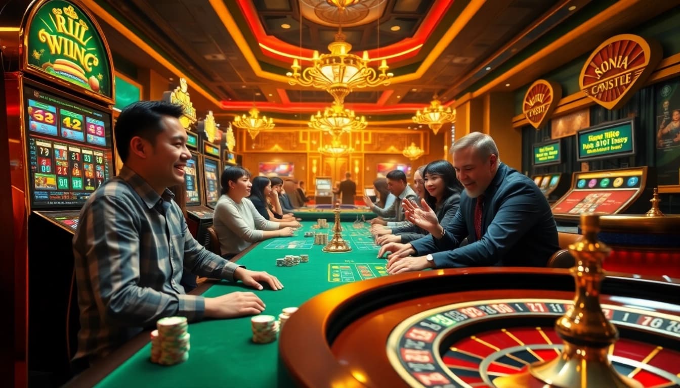 Nohudoithuong features dynamic slot machines and poker tables, showcasing exhilarating casino action.