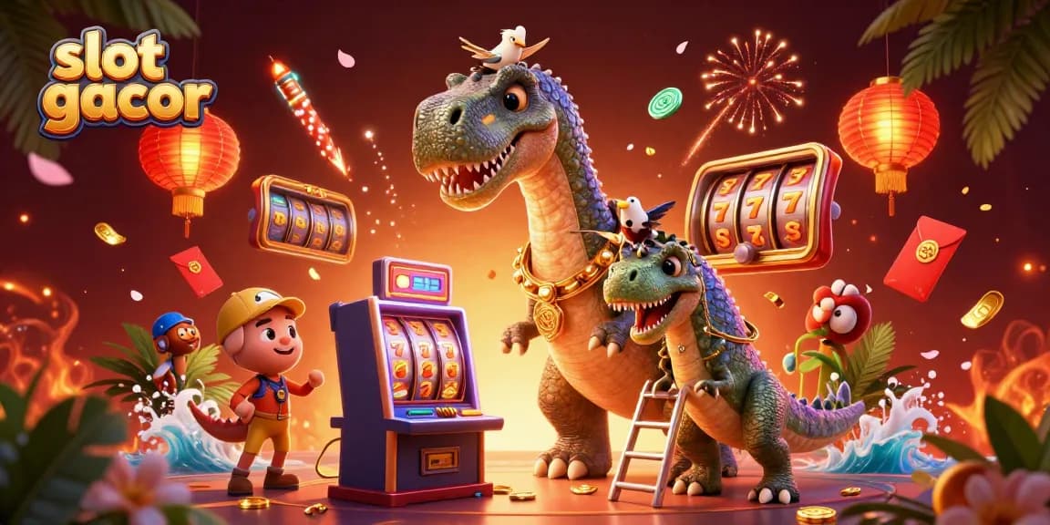 Momen menarik saat bermain slot gacor dengan simbol mesin slot elok dan dinosaurus lucu yang terjun menyemarakkan permainan